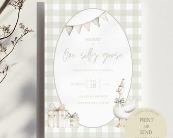 One Silly Goose Birthday Invitation Template | Green Gingham First Birthday Invite | Editable Canva Invitation | Instant Digital Download