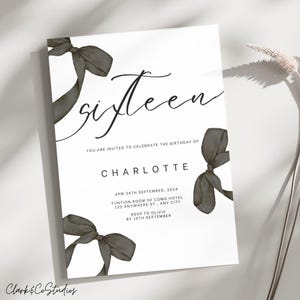 Editable 16th Birthday Invitation Template, digital invite, printable, bow invitation, birthday invitation, sweet sixteen, 16th invite