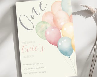 Editable Balloons Birthday Invitation, digital invite, balloons, first birthday, baby shower, watercolour balloons, printable