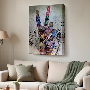 Banksy Hand Gesture Canvas Print, Graffiti Victory Sign Street Art Print, Large Wall Art, Housewarming Gifts, Street Modern Wall Decor