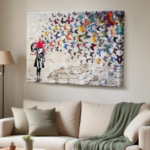 Banksy Butterfly Canvas Print, Butterfly Girl Suicide Print, Street Canvas Wall Art, Large Wall Art, Street Modern Wall Decor