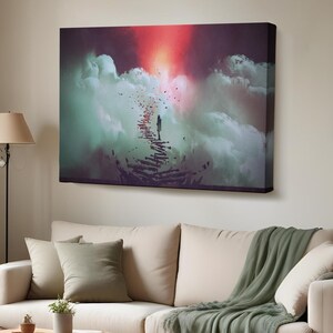Young Woman Standing On Broken Ladder To The Sky Canvas Art, Surreal Modern Wall Decor, Housewarming Gift, Surreal Canvas Print