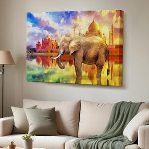 Elephant And Taj Mahal Landscape Oil Painting Look Decorative Canvas Wall Art, Large Wall Art, Framed Canvas Wall Art, Housewarming Gifts