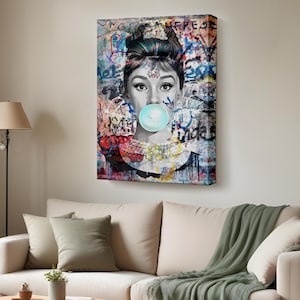 Audrey Hepburn Banksy Style Wall Art Bubble Gum Poster, Hepburn Canvas Print, Portrait Wall Art, Portrait Canvas Art, Housewarming Gift