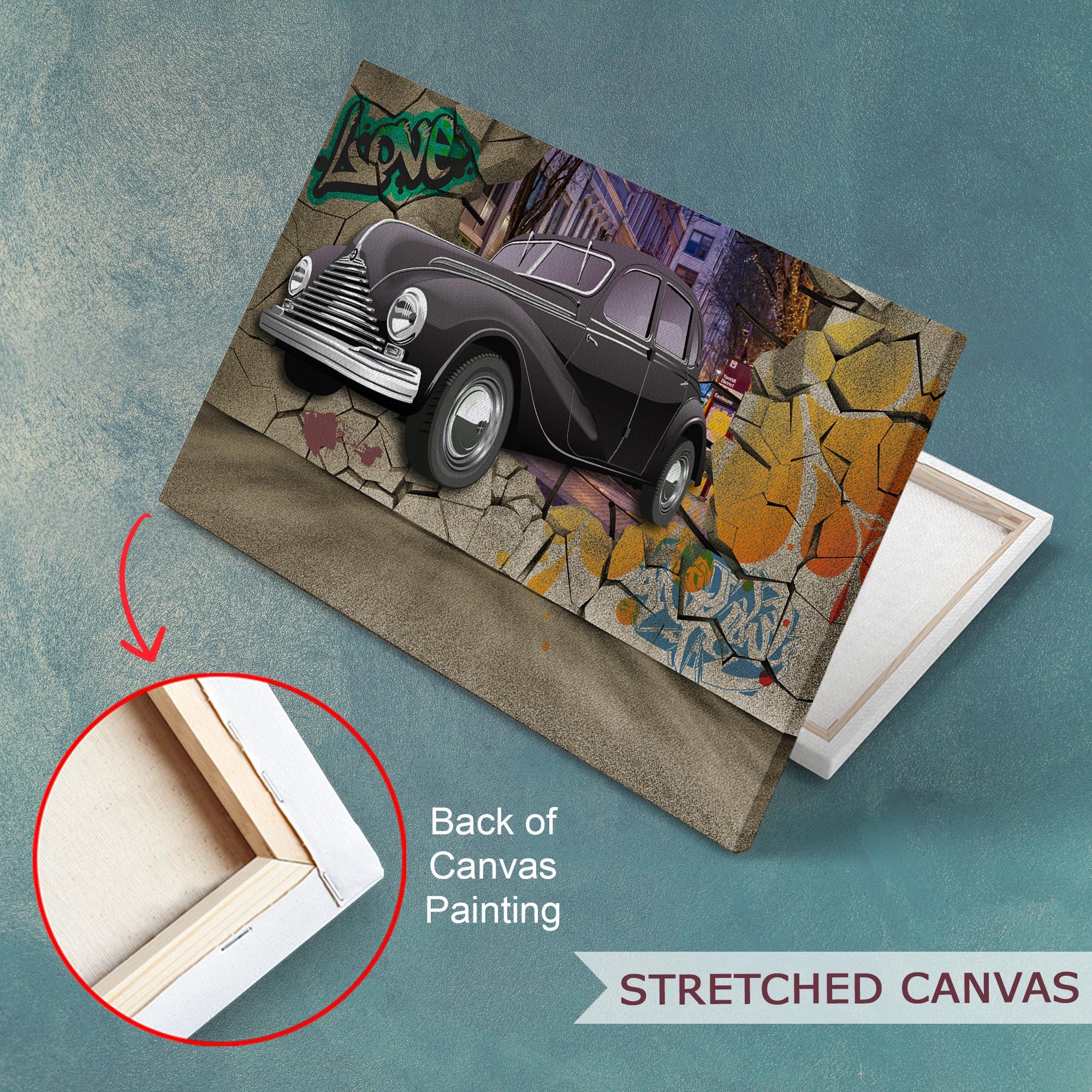 壁を突き破るクラシックカーの装飾用キャンバス壁アート、大きな壁