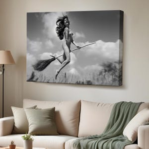 Naked Woman Flying With A Broom Canvas Painting, Framed Canvas Wall Art, Nü Modern Wall Decor, Nü Canvas Wall Art, Housewarming Gifts