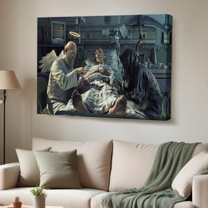 Sensenmann und Engel Spielkarten Leinwanddruck, Engel des Todes Arbeitsdruck, klassische Leinwandkunst, Housewarming Geschenke, Wohnkultur Leinwand