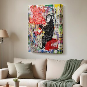 Follow Your Dreams, Monkey Graffiti Poster, Banksy Graffiti Canvas Print, Framed Canvas Wall Art, Housewarming Gifts, Large Wall Art
