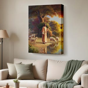 Jesus Christ Standing By The Lake With Lambs, Christian Church Gift Canvas Print, Religious Canvas Wall Art, Large Wall Art