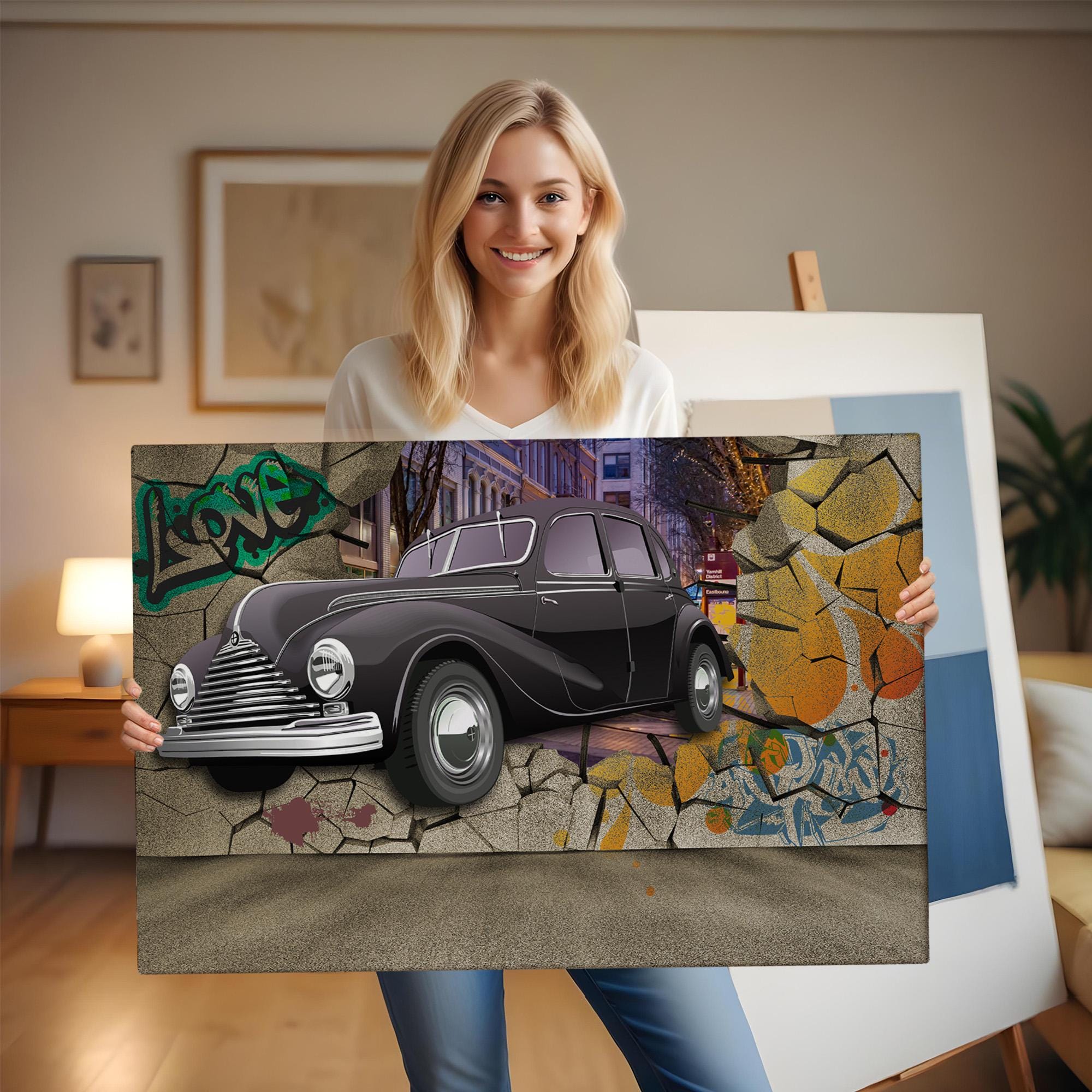 壁を突き破るクラシックカーの装飾用キャンバス壁アート、大きな壁