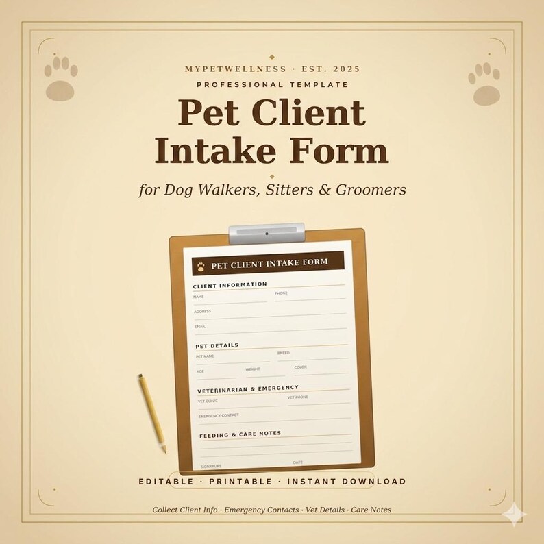 Pet Client Intake Form Template, Dog Walker & Groomer Clients, Business ...