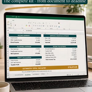 May include: A laptop displays a UK Self Assessment Prep Kit, showing financial data in a spreadsheet. The screen highlights income, expenses, and tax estimates. A coffee cup sits nearby on a wooden desk.