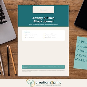 Anxiety Panic Attack Journal | CBT Tracker, Trigger Log, Grounding Tools (Print PDF)