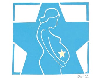 May include: A blue and white linocut print featuring a pregnant person's silhouette within a star shape. A yellow star is on the abdomen. The artist's signature and the year '26 are in the lower right corner.