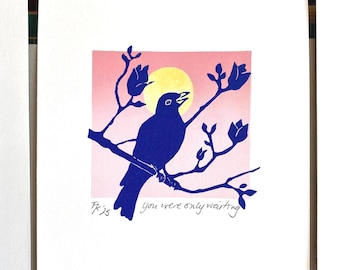Blackbird in magnolia tree - original linocut print