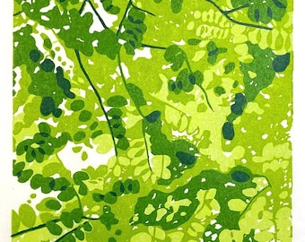 Looking up in the forest - original linocut print