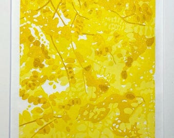 Looking up in the forest - original linocut print