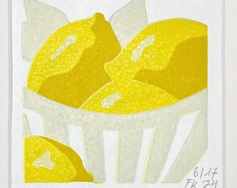 Lemons in a bowl - limited edition original linocut print