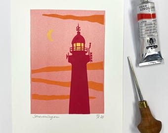 El vuurtoren van Scheveningen (La Haya) - originele linosnede