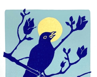 Blackbird in magnolia tree - original linocut print
