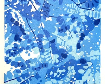 Looking up in the forest - original linocut print