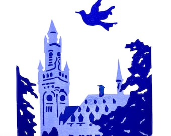 May include: A blue and white print featuring a stylized illustration of a building with a tall tower, trees, and a flying bird. The artwork has a block print style with a minimalist design.