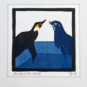 Penguin and seal - original linocut print