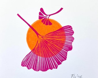 Ginkgo leaves - original linocut print
