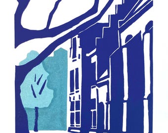 Around the 'Big Church' (The Hague) - original linocut print