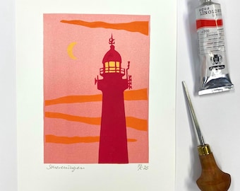 The lighthouse of Scheveningen (Den Haag) - original linocut print