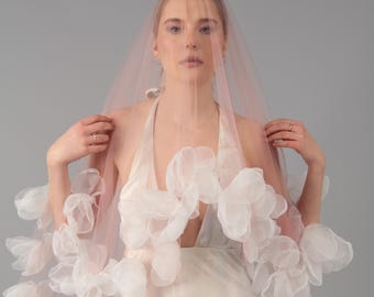 Blush Pink Organza Flower Wedding Veil: 3D Floral Bridal Blusher