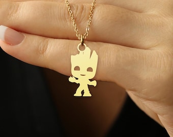 Groot Necklace, Cute Tree Pendant - Gold Baby Groot Charm, Silver Galaxy Necklace - Gift for Marvel Fans, Geek Jewelry