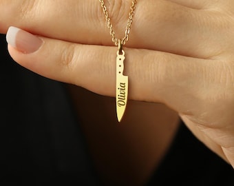 Custom Chef Knife Pendant Necklace – Personalized Name Knife Jewelry – Unique Cooking Lover Gift – Minimalist Kitchen Accessory