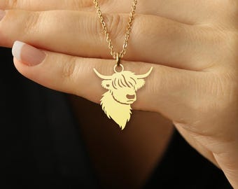 Highland Cow Necklace, Scottish Cow Pendant - Gold Highland Cattle Jewelry, Farm Animal Necklace - Silver Ox Charm, Rustic Country Gift