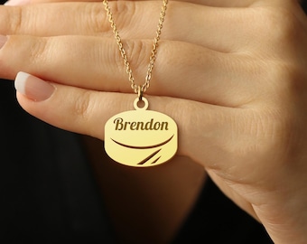 Custom Hockey Puck Necklace - Personalized Gold Sports Pendant with Name, Ice Hockey Gift for Him