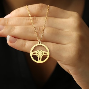 Steering Wheel Necklace - Gold Car Lover Pendant, Minimalist Driver Jewelry Gift for Him or Her