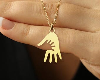 Mother and Baby Hand Necklace - Gold Plated Mom and Child Pendant - Symbolic Motherhood Jewelry - Personalized Family Gift