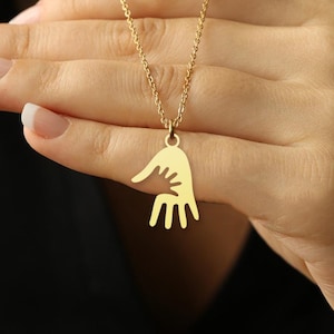 Mother and Baby Hand Necklace - Gold Plated Mom and Child Pendant - Symbolic Motherhood Jewelry - Personalized Family Gift