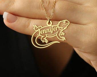 Custom Bearded Dragon Name Pendant – Personalized Reptile Lover Jewelry – Lizard Outline Design