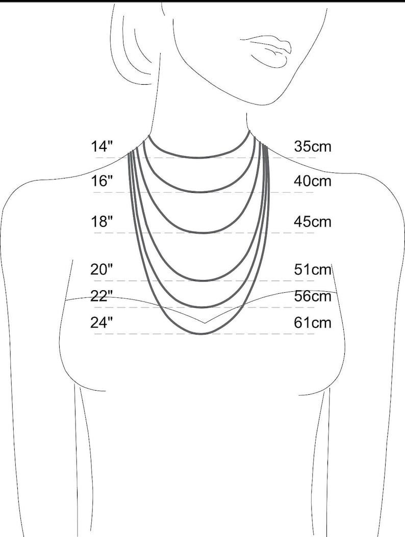Op de afbeelding: Een diagram dat de lengtes van kettingen op een persoon illustreert. De afbeelding toont kettingen van 14", 16", 18", 20", 22" en 24" met bijbehorende centimeter maten van 35cm, 40cm, 45cm, 51cm, 56cm en 61cm.