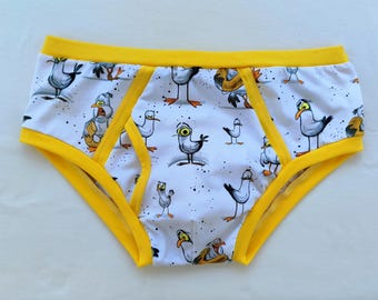 Funny Seagull Adult Men's Briefs – Novelty Cotton Underwear with Cute Cartoon Birds & Sunny Yellow Trim.
