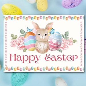 Biglietto di Pasqua stampabile, biglietto di auguri di Buona Pasqua, graziose uova di Pasqua, regalo, primavera, coniglietto pasquale, coniglio pasquale, giorno di Pasqua, download digitale