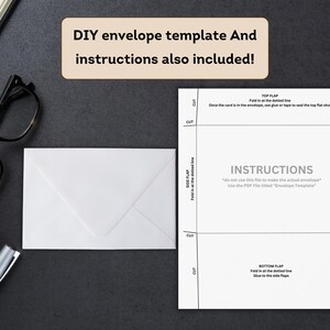 May include: A printable DIY envelope template with instructions. The template shows a white envelope with dotted lines for folding and cutting. The instructions say "do not use this file to make the actual envelope" and to use the PDF file titled "Envelope Template".