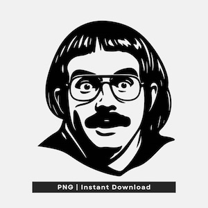 May include: Black and white illustration of a man's face with glasses, a mustache, and a distinctive hairstyle. The image includes the text "PNG | Instant Download" in a black bar at the bottom.