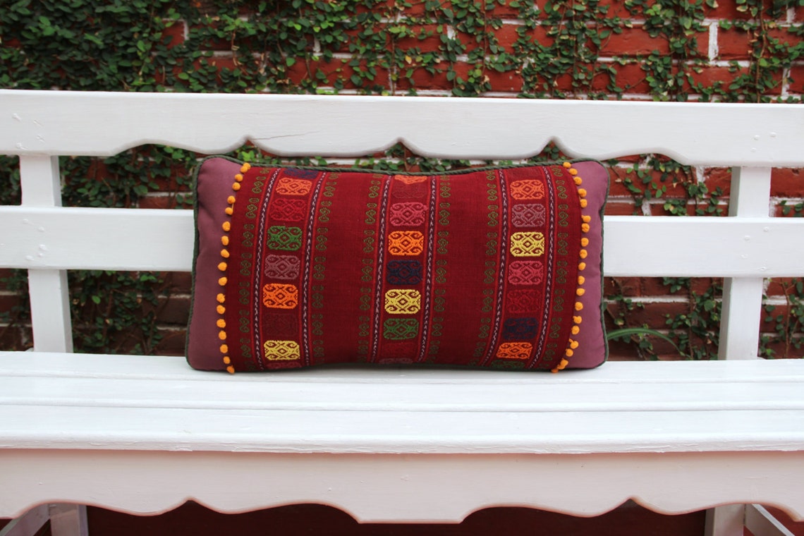 Eggplant Plum Lumbar Pillow With Handwoven Textiles Accents Etsy