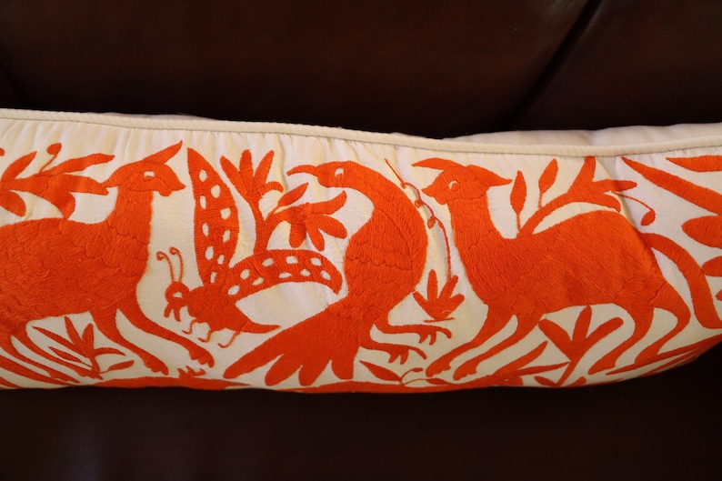 Tangerine orange Otomi Sham backed and piped with handwoven artisan rustic eco textiles