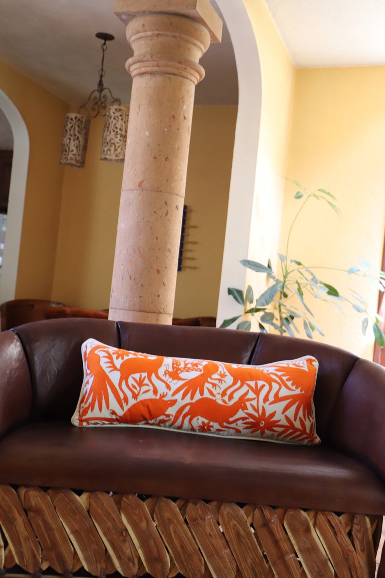 Tangerine orange Otomi Sham backed and piped with handwoven artisan rustic eco textiles