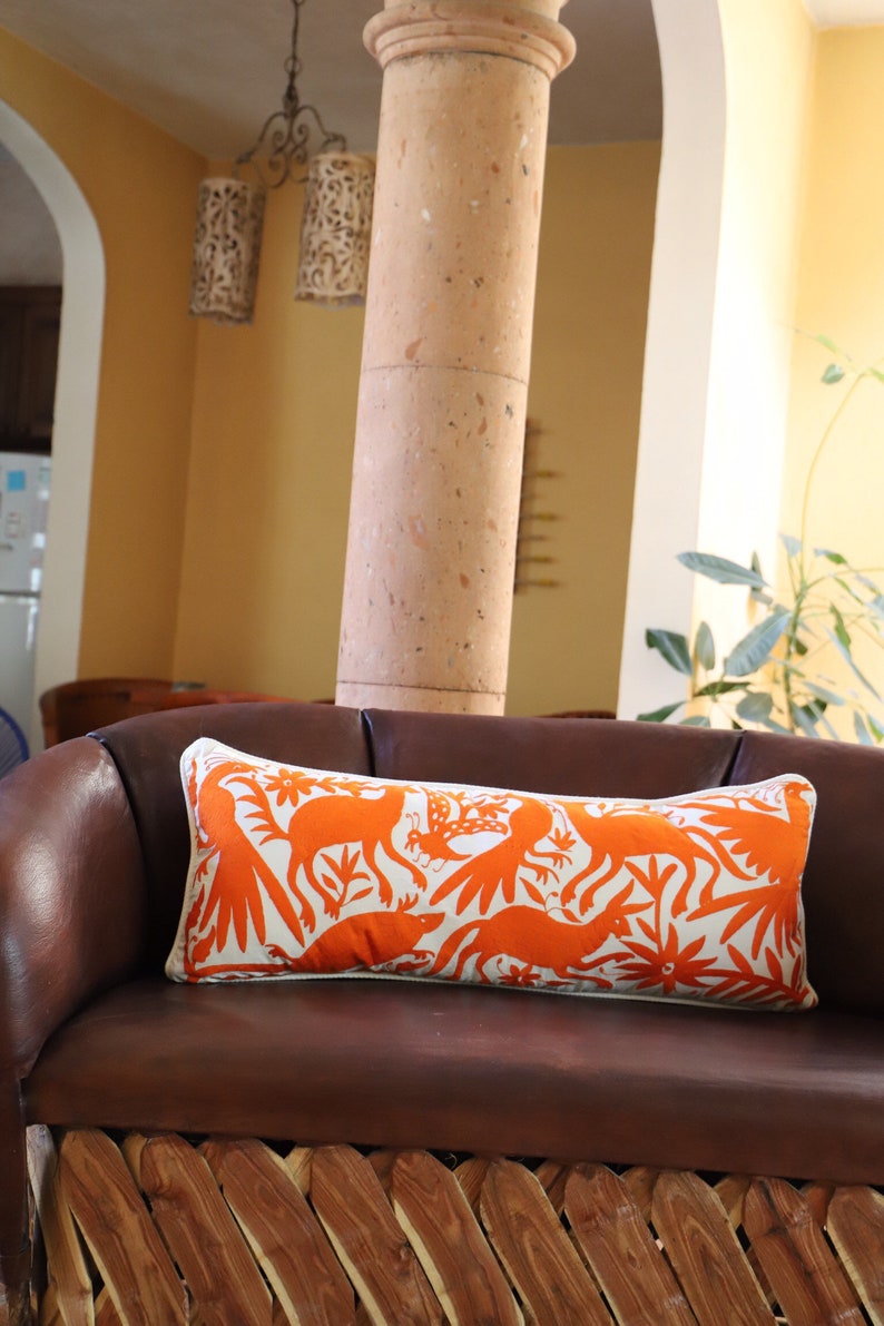 Tangerine orange Otomi Sham backed and piped with handwoven artisan rustic eco textiles