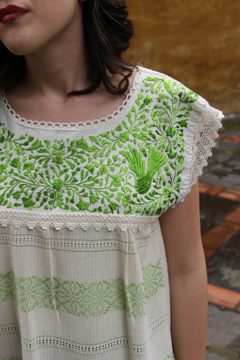 Xs to Small Lime and Beige Two Birds de Paz hand woven and hand embroidered blouse