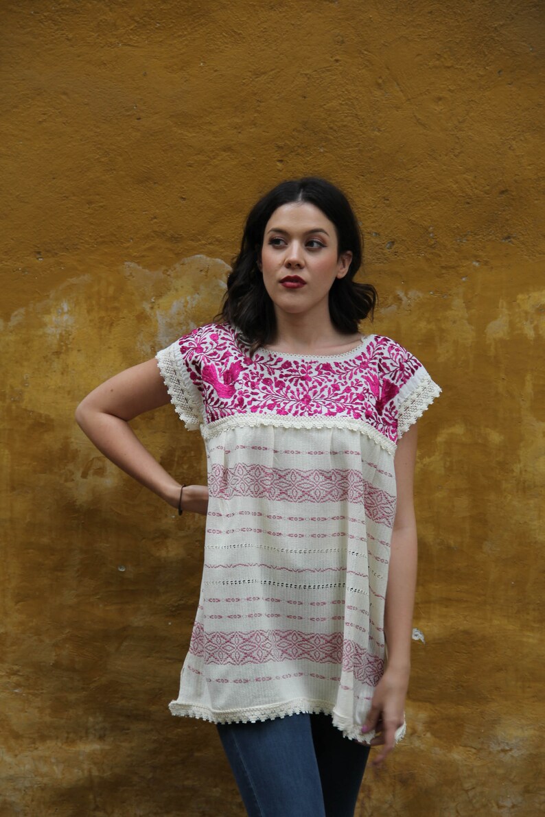 Small to Medium Wine and Beige Two Birds de Paz hand woven and hand embroidered blouse